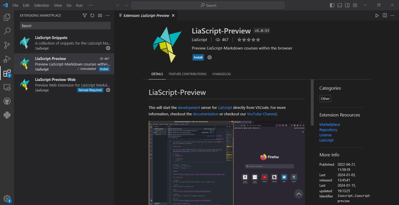 Abbildung: Screenshot der Installation des LiaScript-Plugins in Visual Studio Code